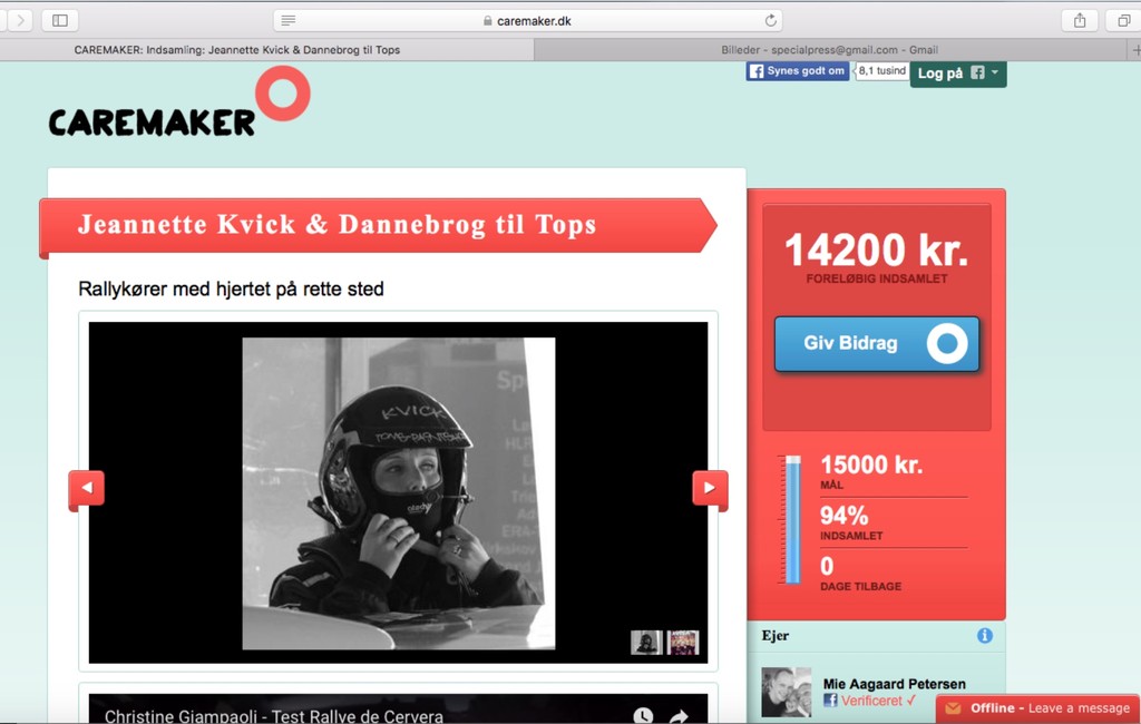 Kvicks co-driver kollega Mie Aagaard Petersen startede på eget initiativ den crowdfunding, som via www.caremaker.dk løber til og med i dag